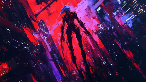 Neon phantom ascends through glitch-lit cyberpunk skyline.