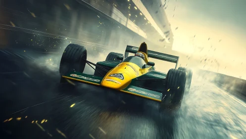Rain-soaked Formula racer slices through a glowing wet track