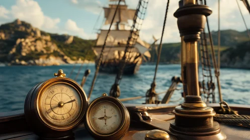 Nautical brass instruments on tall ship deck at sea.