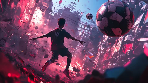 Urban street football scene with dramatic floating debris.