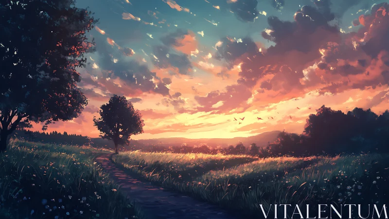 Twilight meadow path under a sky of ember brushed clouds.