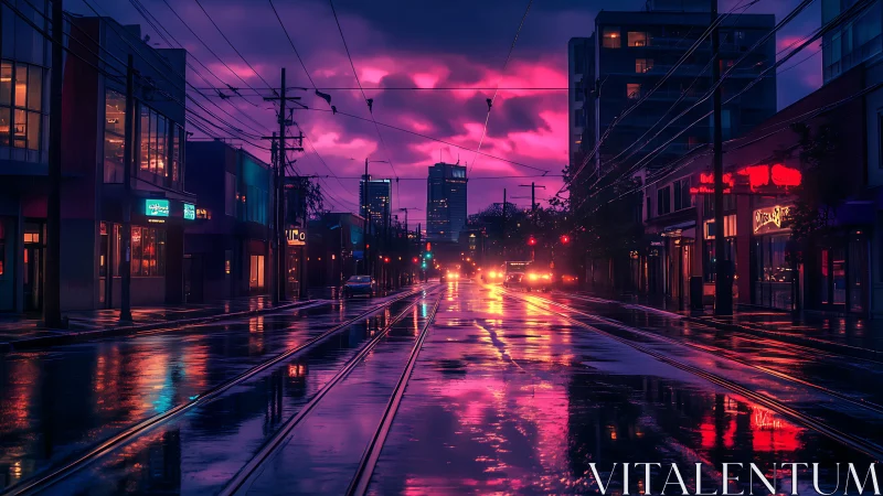 Neon rain street where twilight paints the city awake.