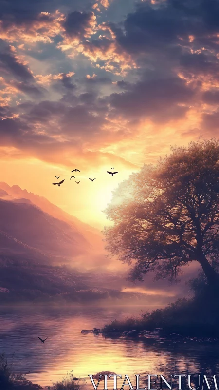 Sunlit river valley with atmospheric perspective and avian silhouettes