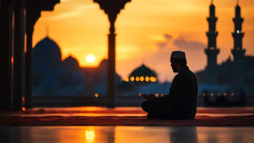 Silhouetted worshipper in mosque courtyard at sunset horizon.