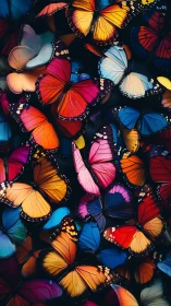 Clustered multicolored butterflies with detailed wing patterns.