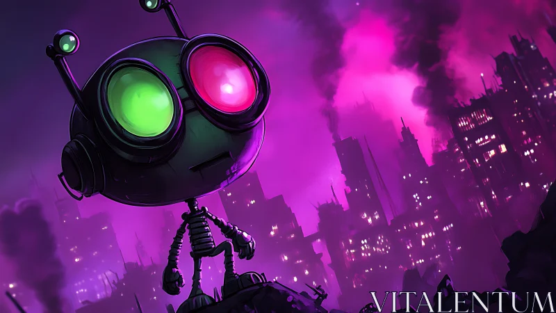 Neon-eyed robot surveys a cyberpunk ruin in magenta haze