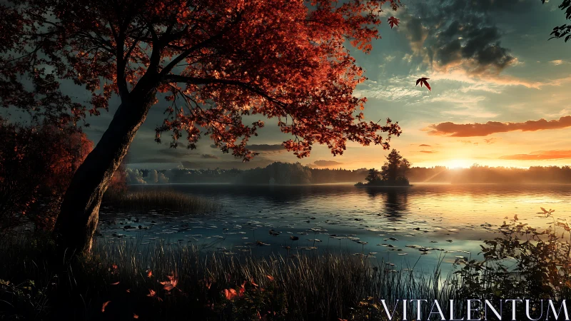 Autumn lake glows at sunset beneath fiery red foliage canopy