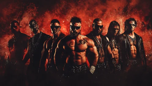 Muscular male group posed against red and black backdrop.