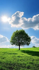 Solitary hilltop tree bathing in wild noonlight serenity.