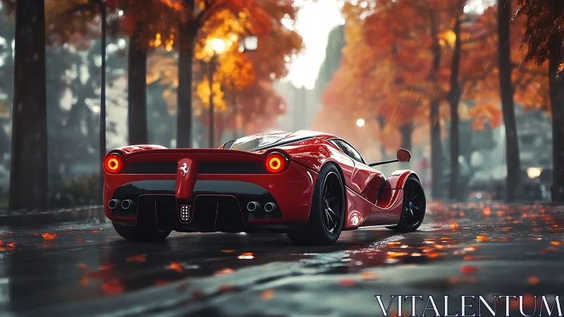 Scarlet supercar glides through rainlit autumn boulevard.