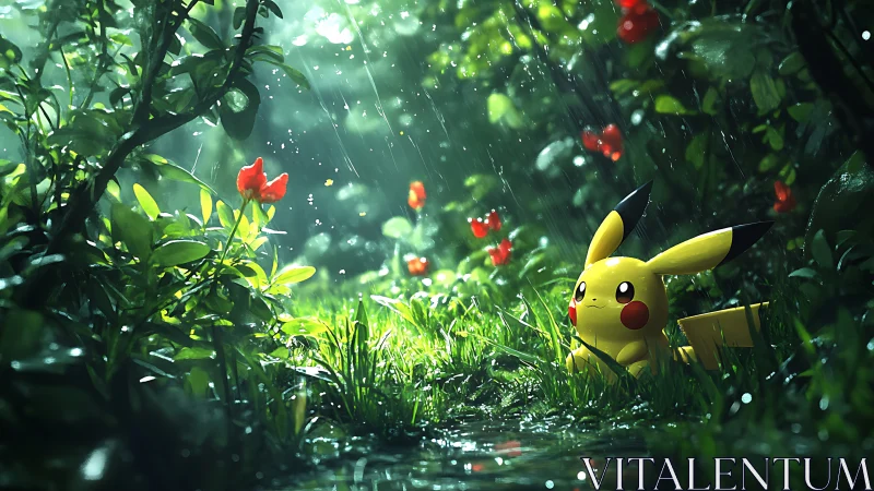Pikachu watches soft rain fall inside lush forest clearing