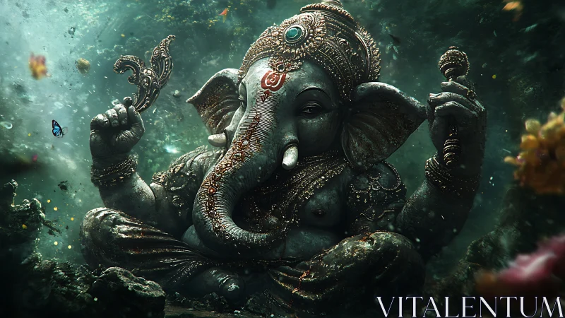 Underwater stone statue of ornate seated elephant figure.