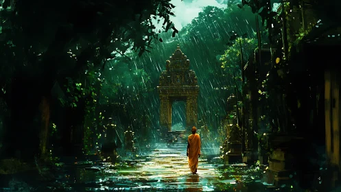 Monk walks through rainlit jungle temple gateway path.