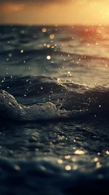 Low-angle ocean wave macro with sunlit water droplets at dusk
