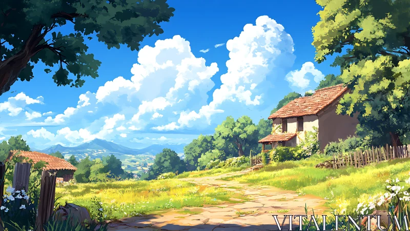 Sunlit rural cottage under towering cumulus in stylized landscape