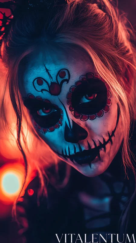 Day of the Dead sugar skull portrait in neon light.