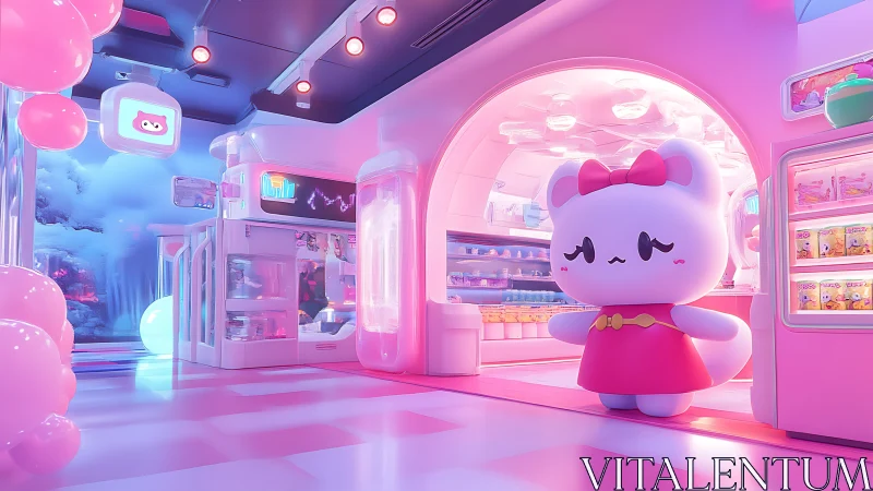 Neon pastel kawaii market interior with giant mascot bear