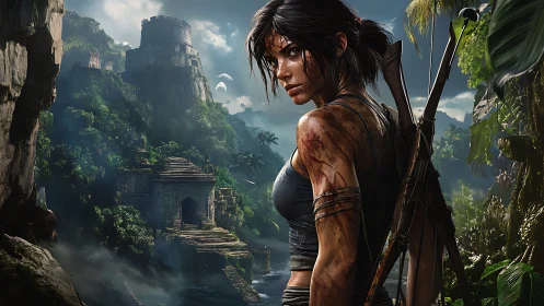 Battle-hardened explorer in lush jungle temple ruins scene.