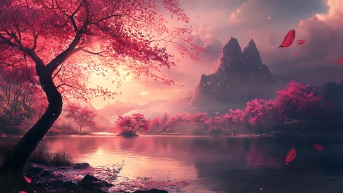 Crimson lakeside valley at sunrise with sakura trees and peaks