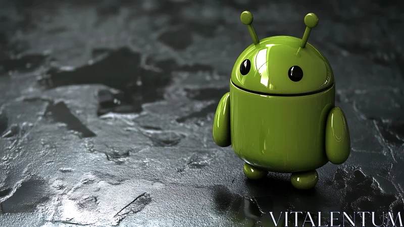 Glossy green robot mascot on reflective textured floor.