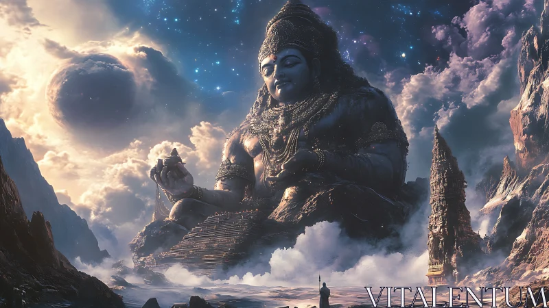 Colossal cosmic deity seated amid swirling astral clouds.