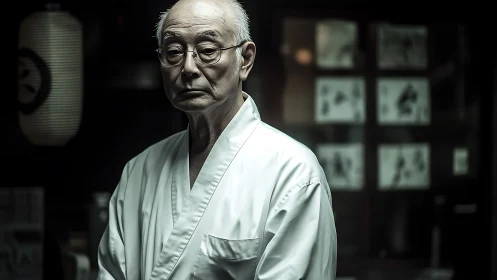 Elderly chef stands quietly in a dim traditional kitchen.