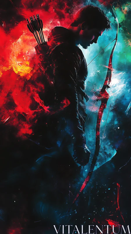 Digital painting silhouette archer in split-spectrum nebula field.