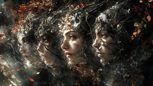 Four female profiles merged with branches and autumn leaves.