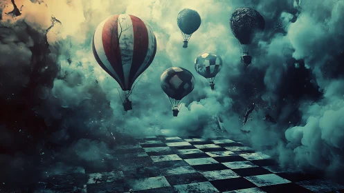 Hot air balloons drift above dark smoky checkerboard sky