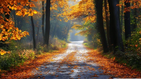Autumn forest path with river and golden canopy trees.
