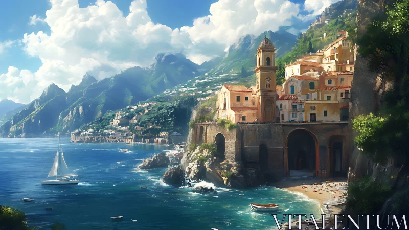 Sunlit coastal village resting gently between sea and hills.