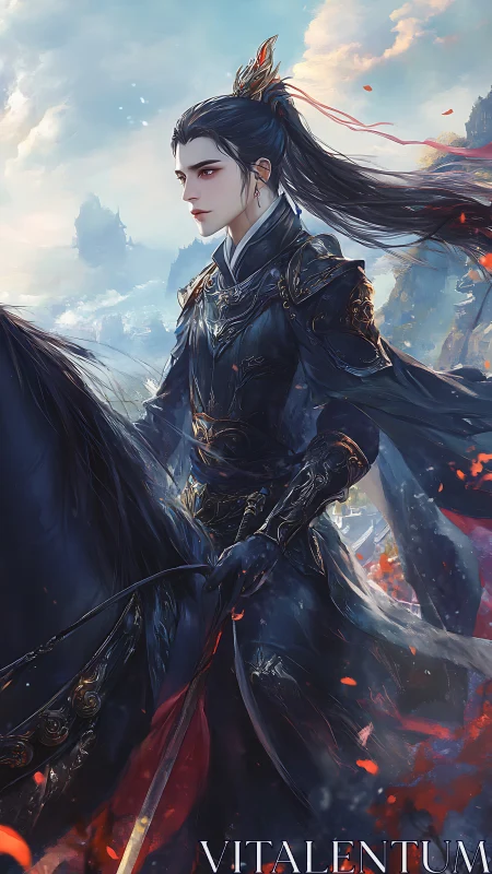 Stormlit wuxia rider in ornate black battle armor.