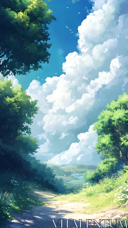 Sunlit country path opening into a cloud-bright summer sky.