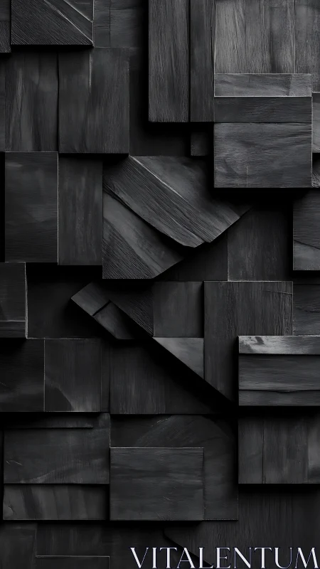 Charcoal geometric wood relief with layered cubic planes.