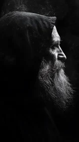 Hooded elder profile in stark monochrome side lighting.