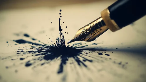 Fountain pen nib contacting paper with radial ink splatter.
