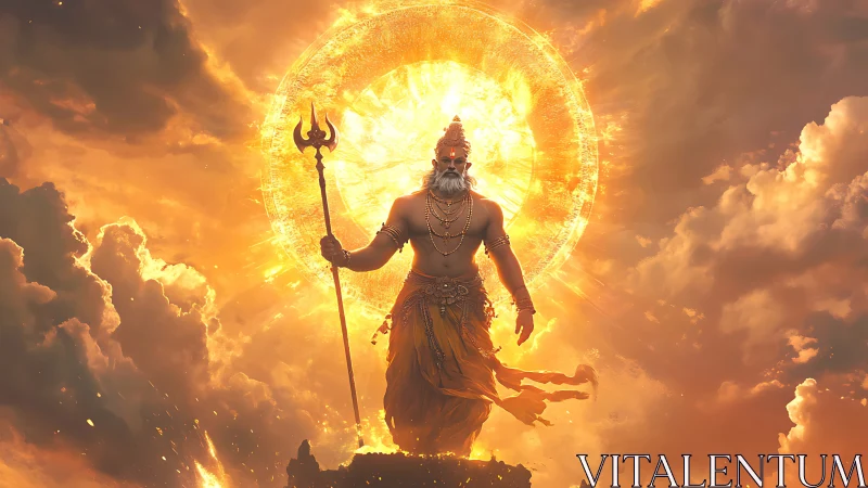 Sunforged guardian strides through clouds with blazing halo