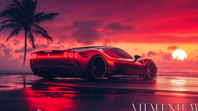 Sleek red supercar glows against a neon tropical sunset.