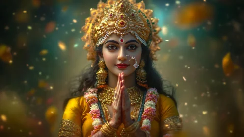 Digital portrait of woman in ornate Hindu-inspired attire.