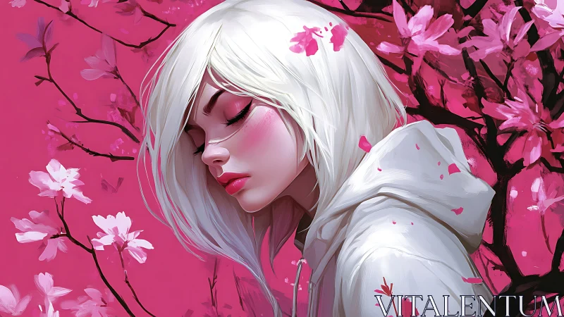 Digital painting portrait with sakura bloom chromatic field.