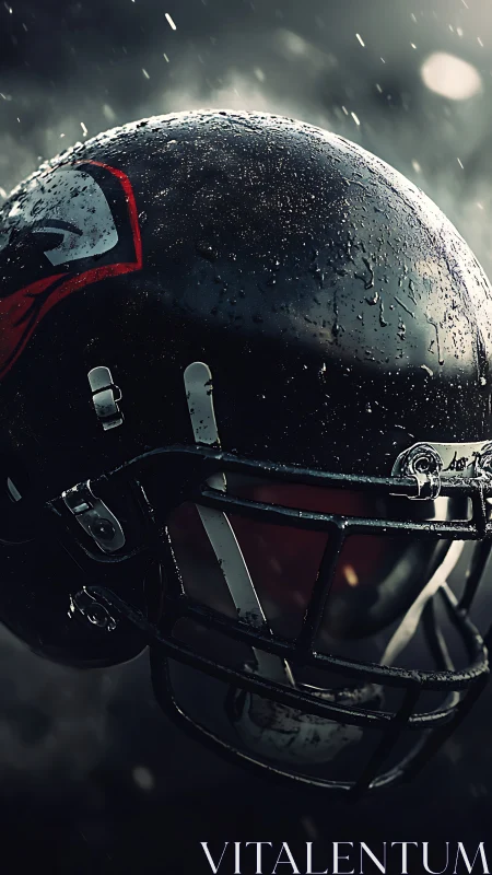 Rain-soaked football helmet under dramatic stadium lights.