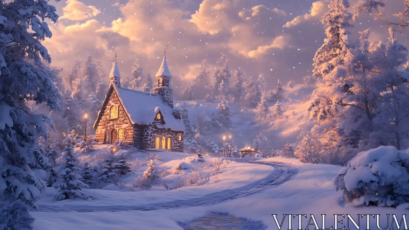 Snow covered chapel glows warmly in quiet winter valley.