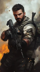 Heavily armed soldier in combat gear amid battlefield fire.