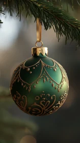Green glass ornament with gold filigree on evergreen branch.