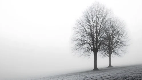 Two bare winter trees emerge sharply from dense atmospheric fog