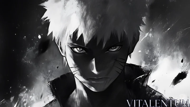 Determined anime warrior emerges from swirling monochrome storm