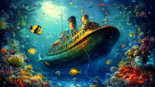 Sunken steamer dreams beneath corals in borrowed starlight