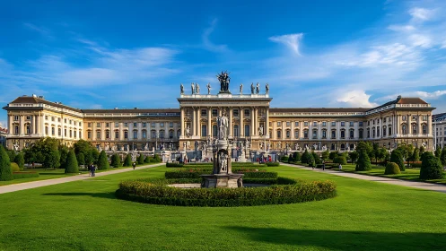 Grand palace façade with formal gardens under vivid sky.