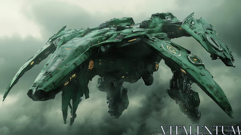 Heavy assault dropship in stormy atmosphere, green armor