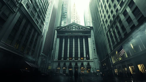 Monumental neoclassical exchange framed by towering glass facades